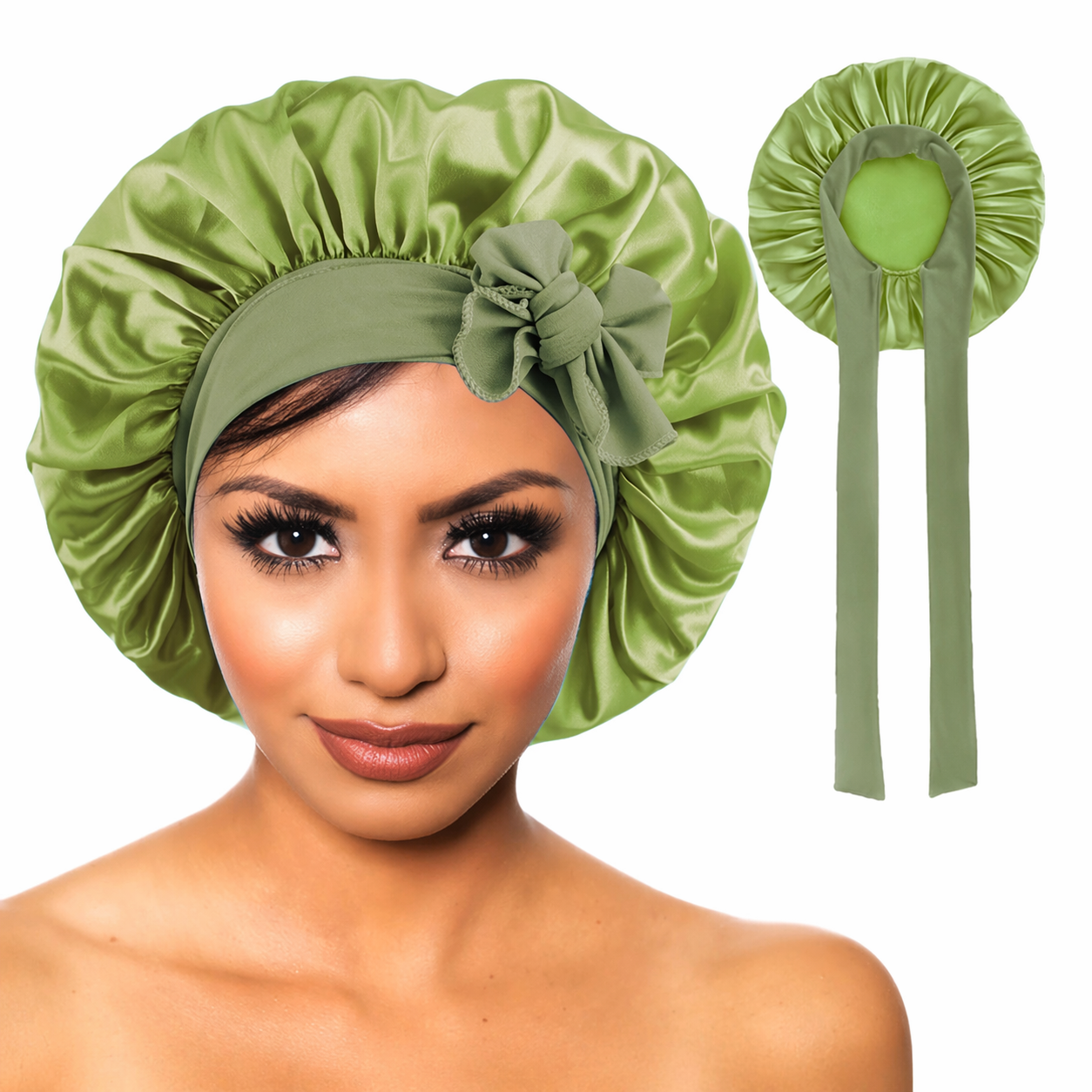 Green Curly Hair Bonnet Green silky lightweight adjustable curly hair bonnet for overnight curl protection
